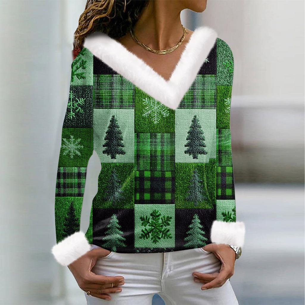 Camiseta de mujer, camiseta navideña, camiseta de manga larga, fiesta, estampado navideño, cuello polar, cuello en V