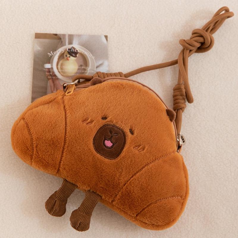 Croissant Capybara Plush Crossbody Bag Cartoon Kawaii Bread Capibara Soft Large Capacity Shoulder Bag Woman Bag Birthday Gift