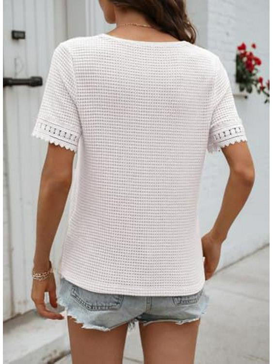 2026 Women's V-Neck Casual Waffle Knit Lace Patchwork Short Sleeve Top
