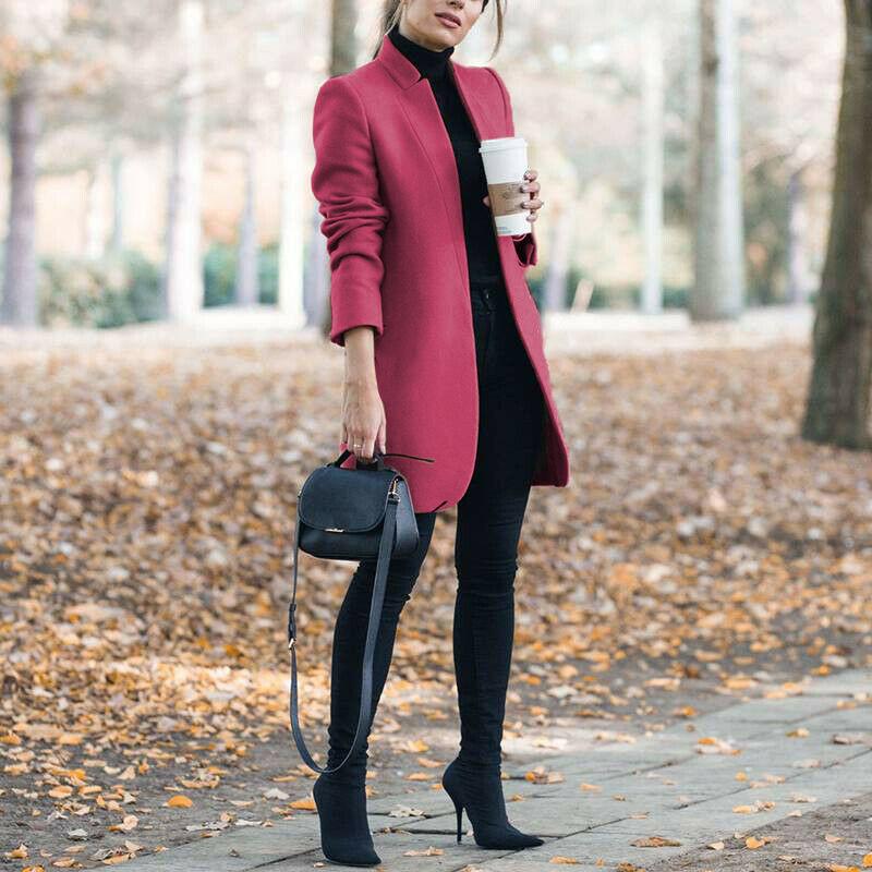 Women's Stand Collar Open Front Pea Coat Casual Winter Warm Mid Long Blazer Trench Coats Overcoat Outerwear Solid Color Woolen Coat