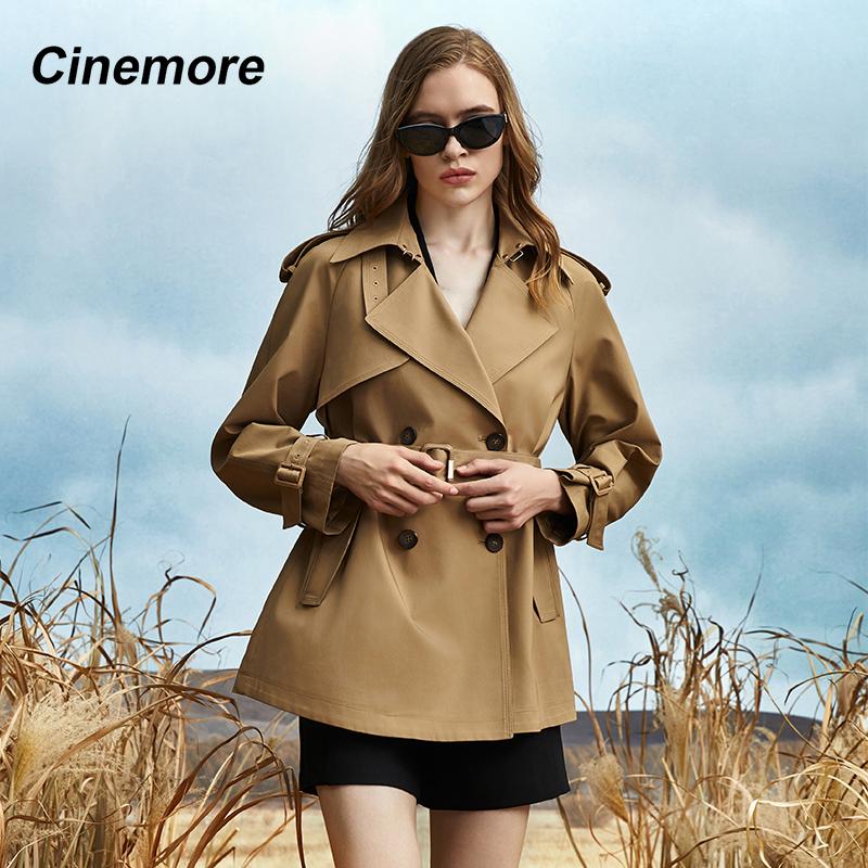 

Cinemore, осенний новый Тренч средней длины для женщин, повседневная ветровка, двубортная куртка с лацканами и поясом, шикарное женское пальто в офисе