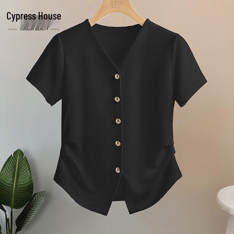 Sibaisha Women s V-Neck Slim-Fit Button T-Shirt M