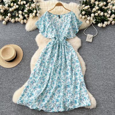 Tea Break Retro Floral Skirt Summer Strap Waist V-neck Lotus Leaf Sleeve Slimming Temperament Knee Dress