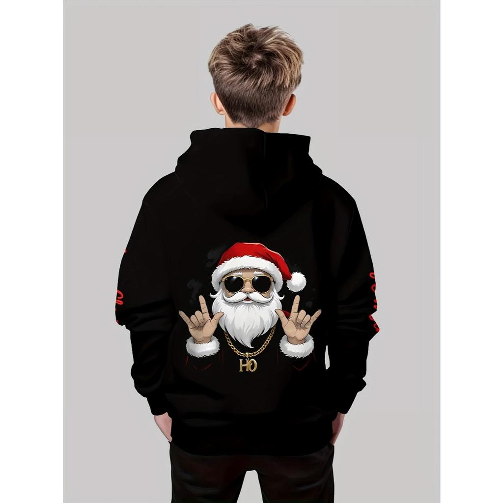 Santa Claus 3D printed boys' casual long sleeved hoodie, boys' novelty hoodie