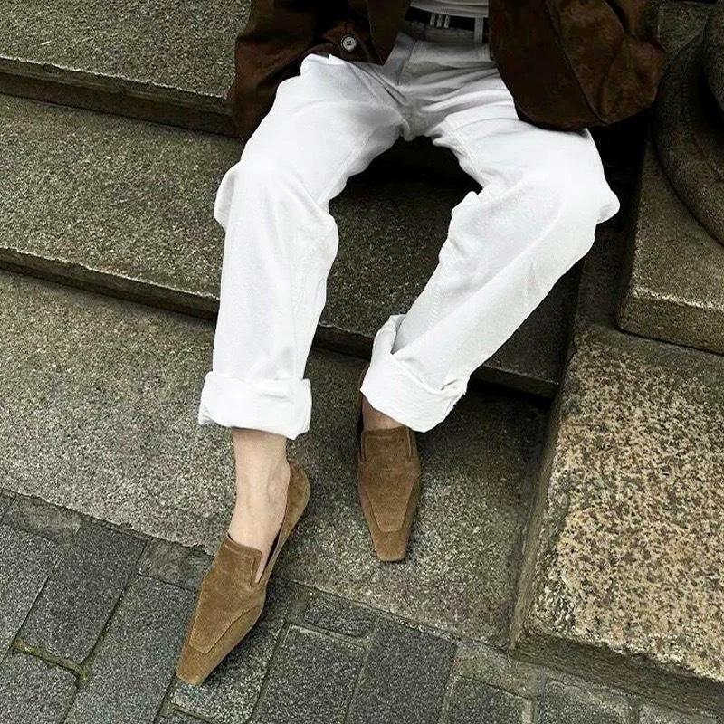 Vintage Suede Suede Niche Small Square Toe Low-heeled Flat Loafers Women's 2025 New Autumn and Winter Deep Shoes