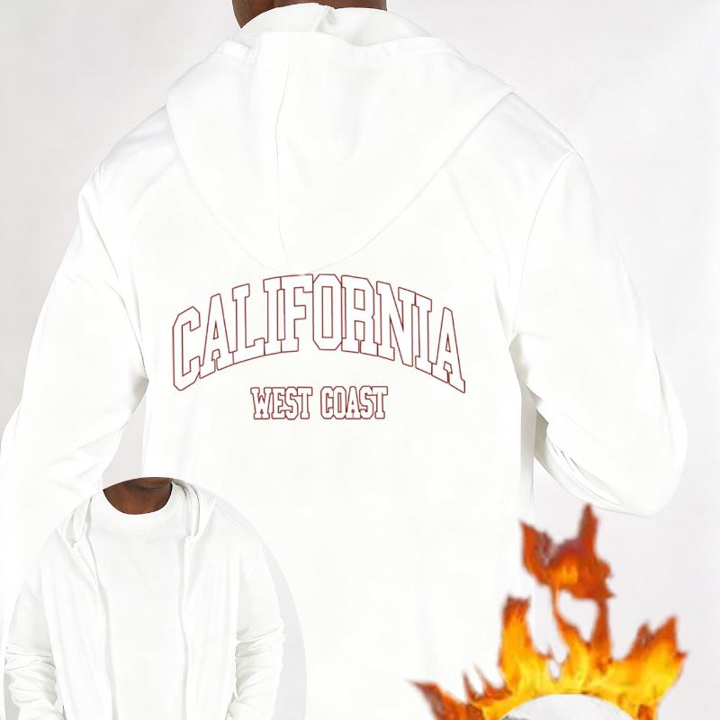 West Coast Graphic Graphic Fleece-Lined Hooded Zip-Up Jacket, Windproof Durable Warm, Casual Versatile Coat