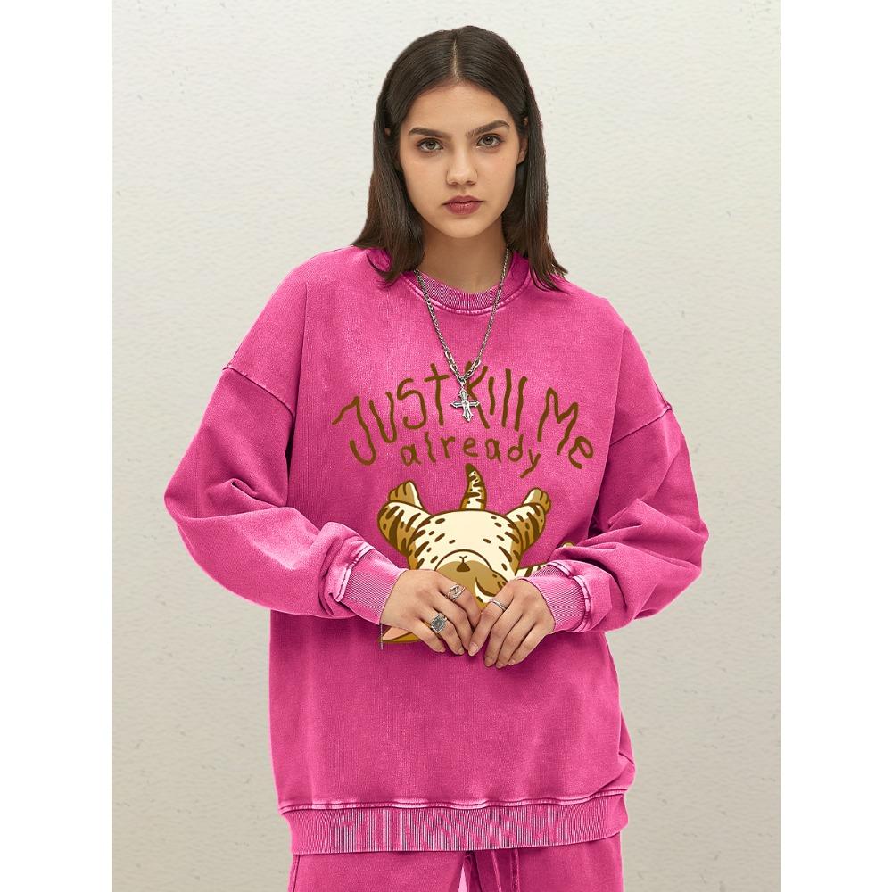Just Kill Me Already Cartoon Cat Pattern Womens Washed Sweatshirts Autumn Comfortable Clothing Cotton Oversized Woman