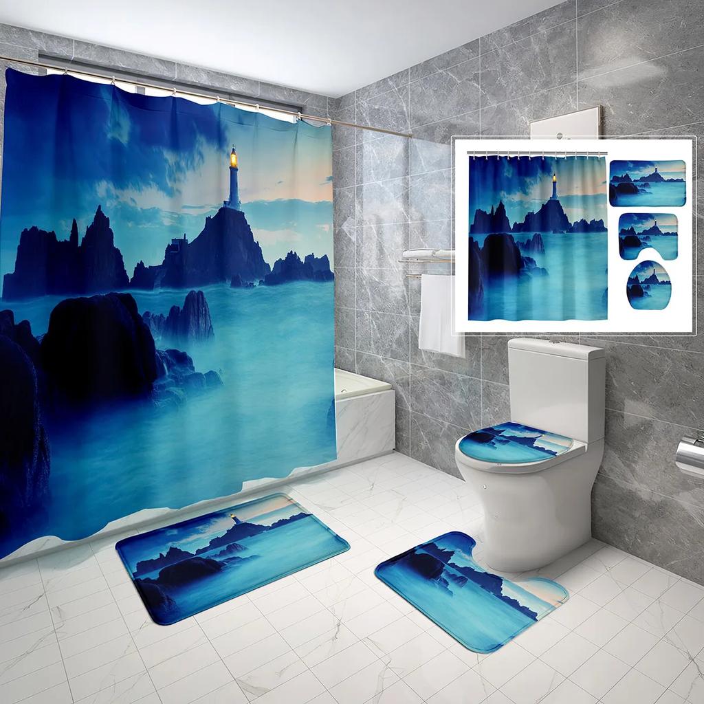 4 Sets Lighthouse Shower Curtain Sets With Non-Slip Bath Mat,Toilet Lid Cover And Coast Seascape Sunrise Shower Curtain Sets