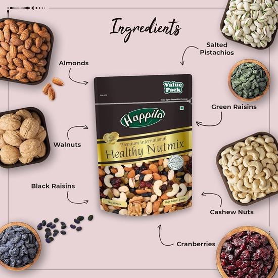 Happilo Premium International Healthy Nutmix 350g Value Pack Almonds, Black Raisins, Cashewnuts, Cranberries, Green Raisins