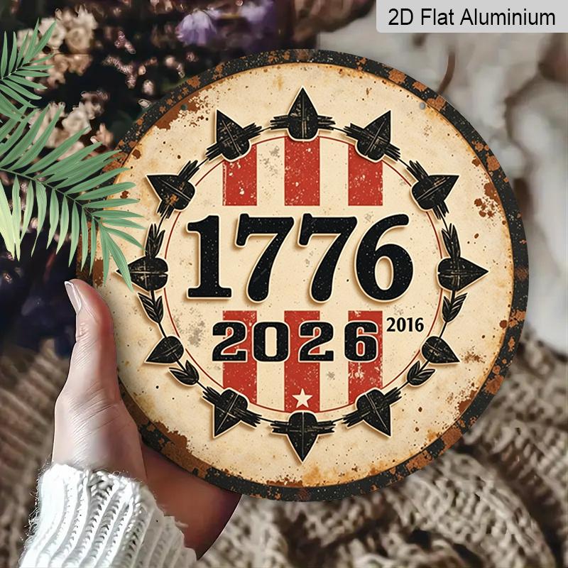 2D Flat, 1pc Round 1776-2026 USA 250th Anniversary Aluminum Hanging Sign, Retro Distressed Patriotic Metal Wall Decor, Perfect for 4th of July