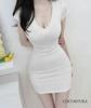 Coco Yuka Sexy Tight Mini Dress with and Ribbed Short and a Simple Open Neckline & Women's V-Neck U-Neck Knit, Sleeves, (White, Medium, V-Neck)