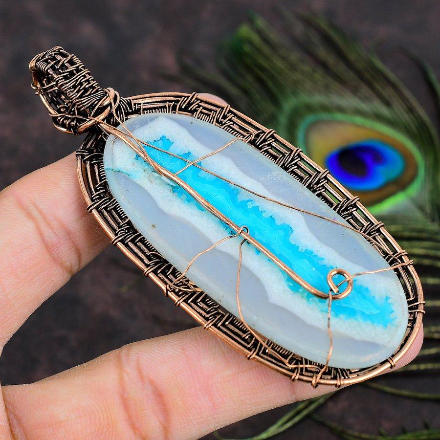 Aqua Botswana Druzy Copper Wire Wrap Jewelry Pendant 3.78 p5W05