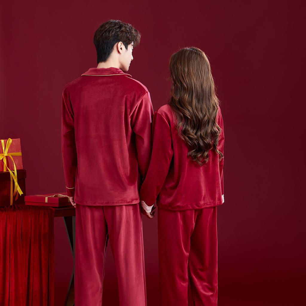 Wedding pajamas newlywed couple suit women's autumn and winter red island fleece warm flannel men's loungewear