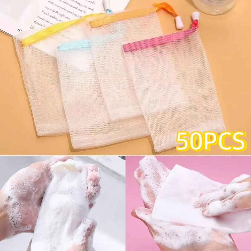 50Pcs with Drawstring Bath Foaming Mesh Bags Double Layer Shower Gel Saver Pouch Foaming Scrubbers