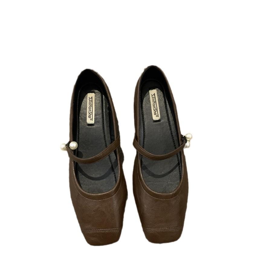 2025 Spring and Autumn New Retro Mary Jane Shoes Shallow Mouth Women's Shoes One Word with Pearl Flat Shoes Temperament French Single Shoes