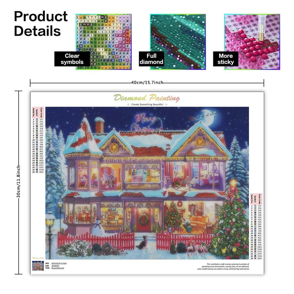 Vánoční Diamantová malba Mozaika Dům Plná kulatá výšivka Zimní kamínkové obrázky Domácí dekorace 30x40cm/12x16inch