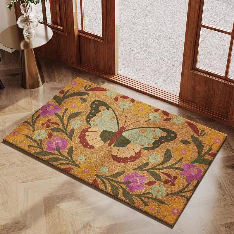 Floral Bird Welcome Coco Coir Doormat Non Slip Dirt Scraping Outdoor Front Porch Entryway Decor Floor Mat