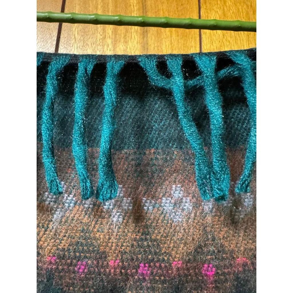 Used Large Native Pattern Stole with Fringe, Shawl, Muffler, Green Tones