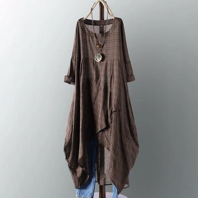 Vintage Midi-Kleid Damen Weiblich Langarm Kariert Vestidos Sommerkleid Lässig Robe Damenbekleidung Sommer Maxi-Kleider