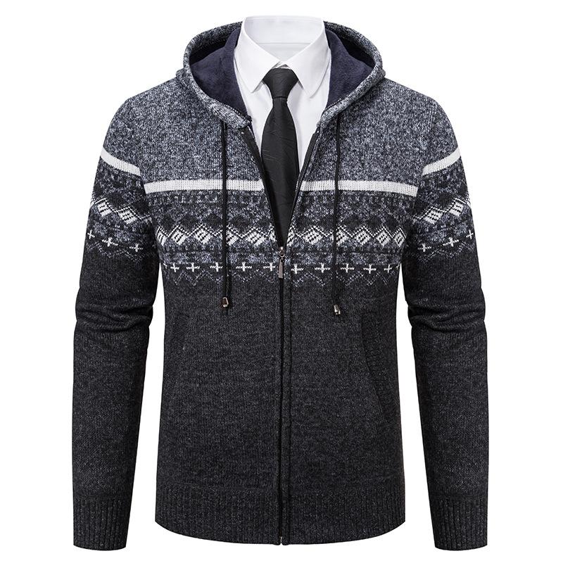 Youth Sweater Plus Velvet Thickened Cardigan Hooded Sweater Fashionable Gradient Color Youth Warm Knitted Jacket