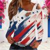Women Plus Size Beige Red Navy Star Stripe Printed Asymmetric Cutout Cold Shoulder Long Sleeve Fitted Top
