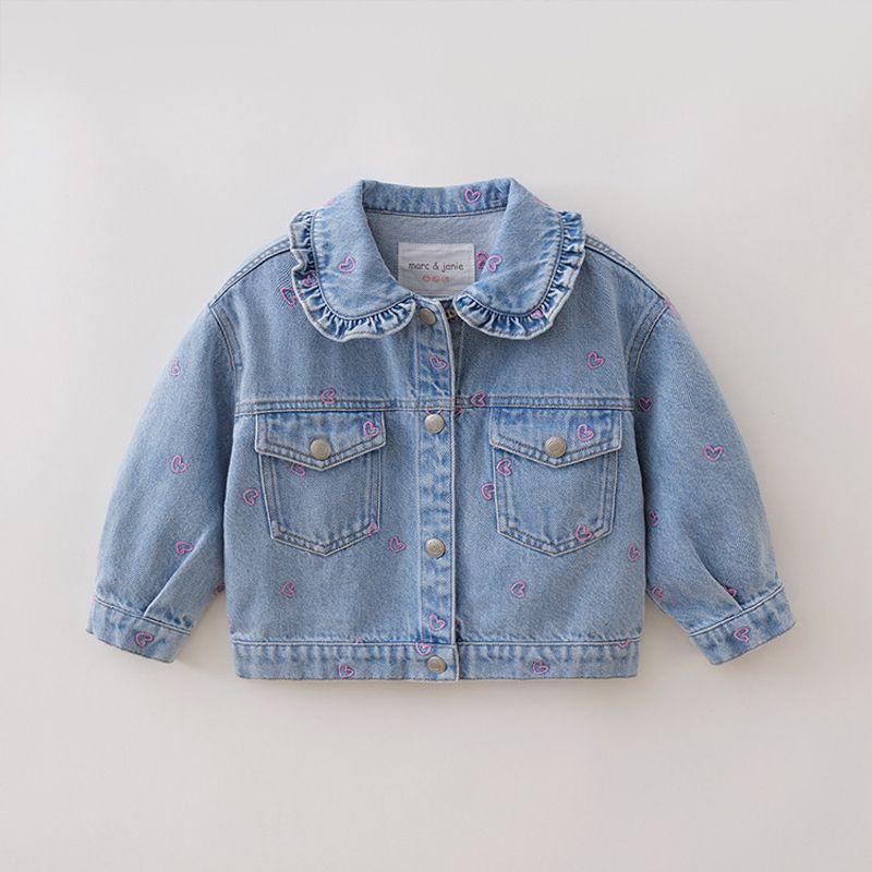 Mark Jenny Heart-Filled Girls  Lace Collar Pure Cotton Denim Jacket Baby Jacket Spring New Style 560110 Blue Embroidered Hearts 130