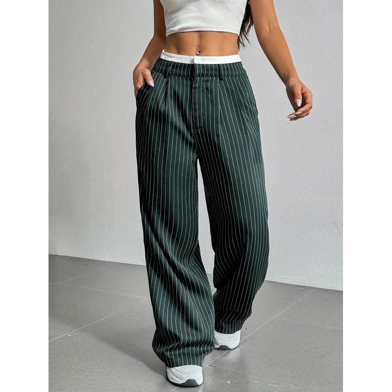 High-Waisted Wide-Leg Striped Trousers Women Office Chic Straight Cut Pants With Pockets Lightweight Stretch Fit