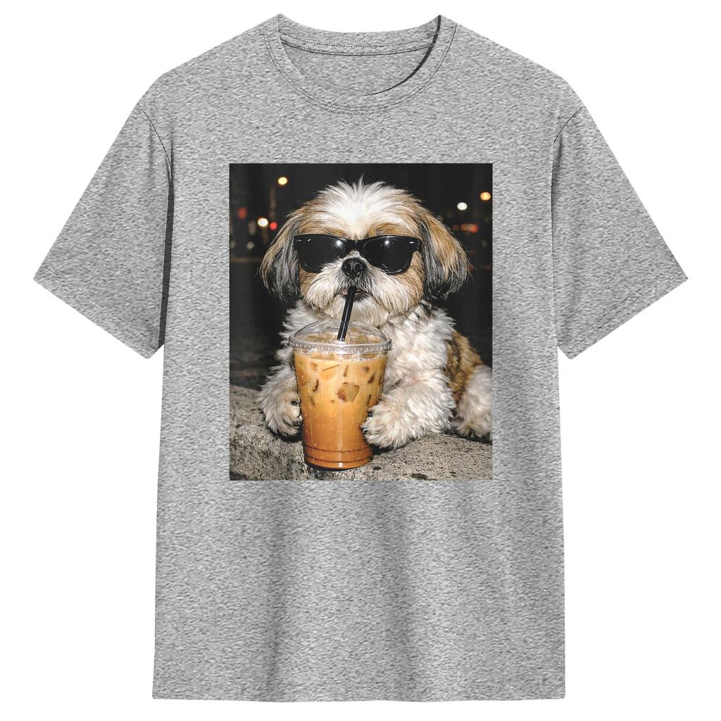 Funny Shih Tzu Drinking Iced Coffee Dog Meme TShirt Harajuku TShirts ShortSleeve Aesthetic Tshirt Cotton 4XL 5XL 6XL Clothes