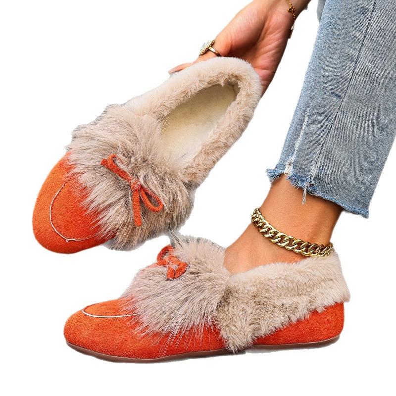 Damen Plüsch-Slipper in Überweite, Slipper-Mokassins mit Schleifendetail, Winter-Komfortschuhe für Damen mit niedrigem Schaft