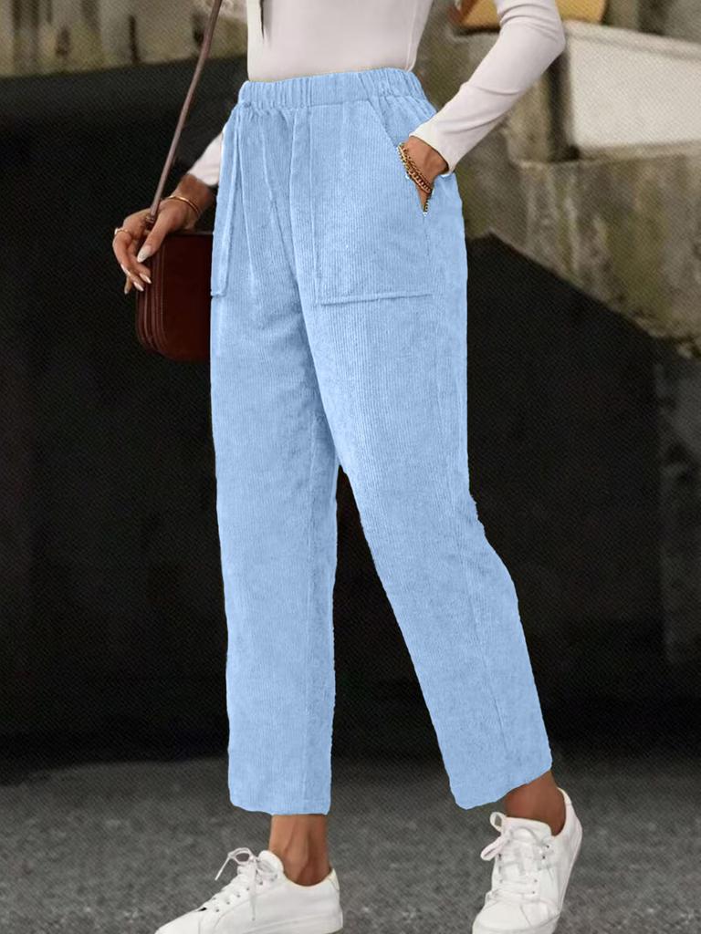 New Fall Women's Clothing Solid Elastic Waist Corduroy Pants Women Straight Leg Casual
