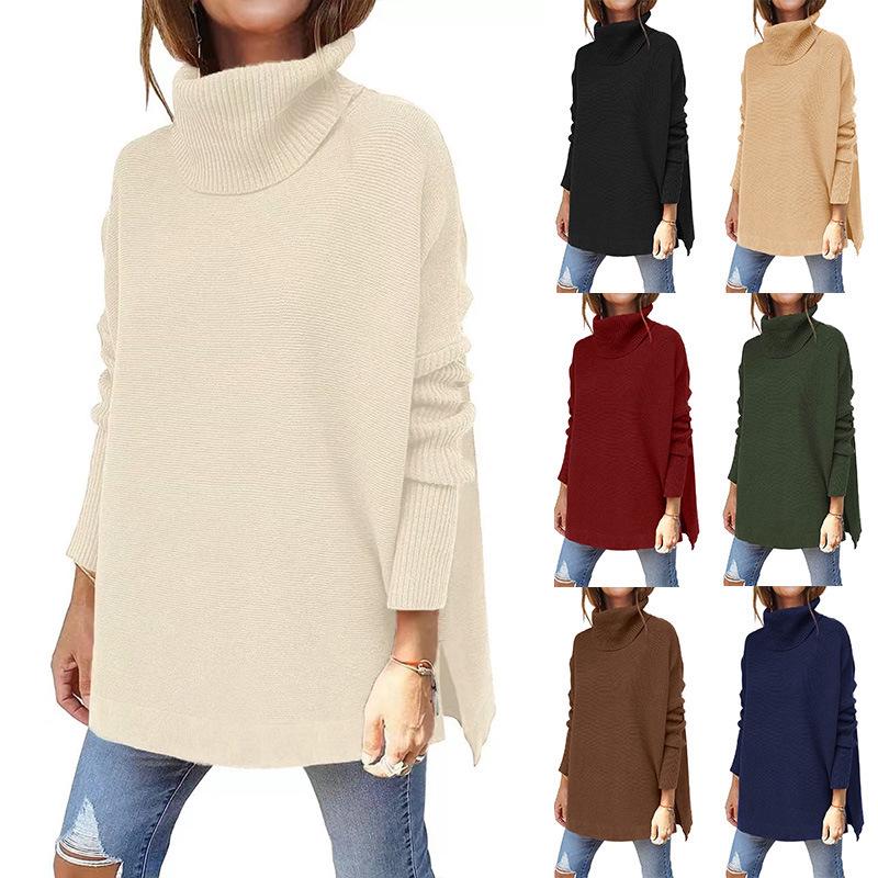 2024 Damen Hochhals Oversized Mittellanger Fledermausärmel Pullover mit Schlitzsaum und Taillengürtel