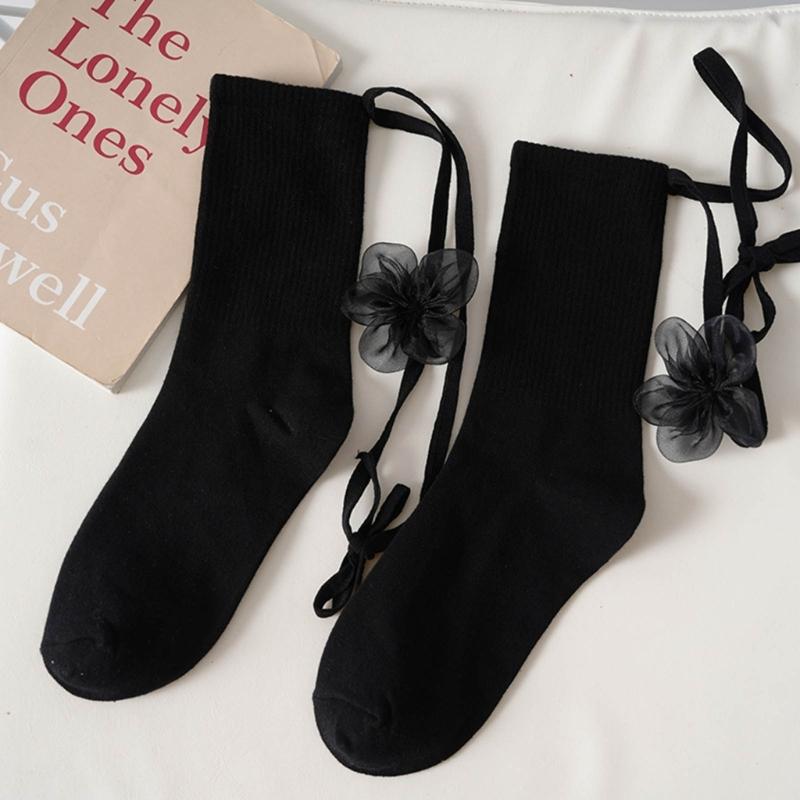 Women's Cotton Crew Socks Cross Bandage Calf Socks Sweet Cute Ankle Socks Lolitas JK Students Girls Knee Socks Hosiery