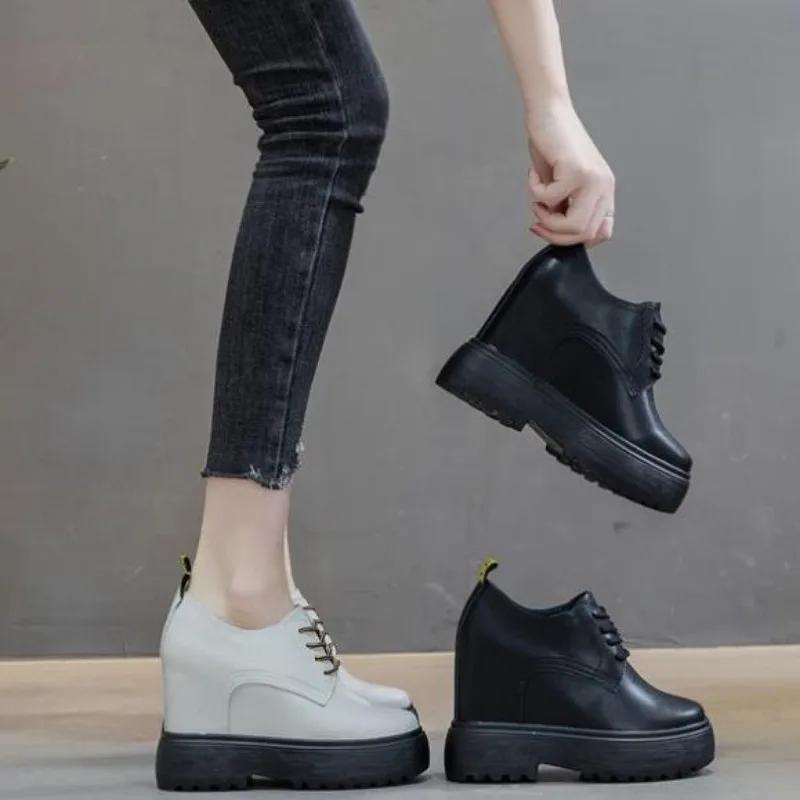 Fashion 11CM Genuine Leather Platform Wedge Sneaker Women Shoes Hidden Heels Women Ankle Boots Autumn Spring Winter plush Warm Boots