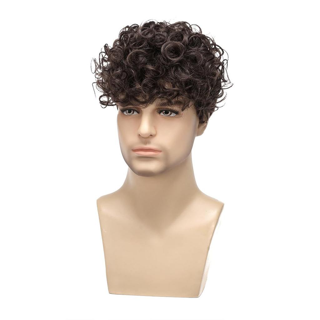 Men Short Curly Black Wigs Daily Cosplay Costume Synthetic Brown Hair With Bangs High Temperature Fiber
