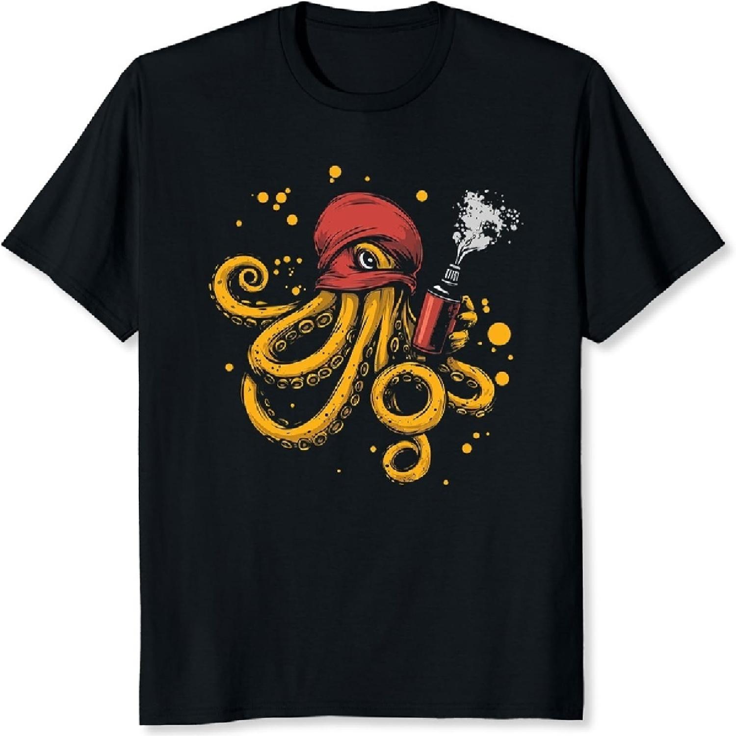 Graffiti Octopus Shirt for Men Retro Street Art Tee Gifts for Boys S