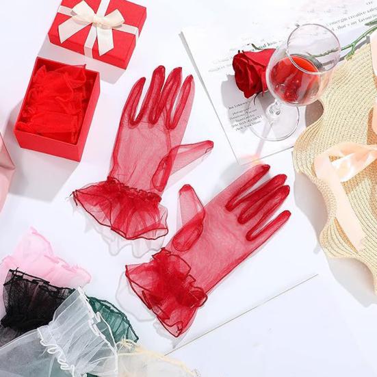 Damer Rynkade Tyllhandskar Genomskinliga Handledshandskar Retro Stil Bröllop Brud Korta Handskar för Bal Kväll Cosplay Fest Scenkostym