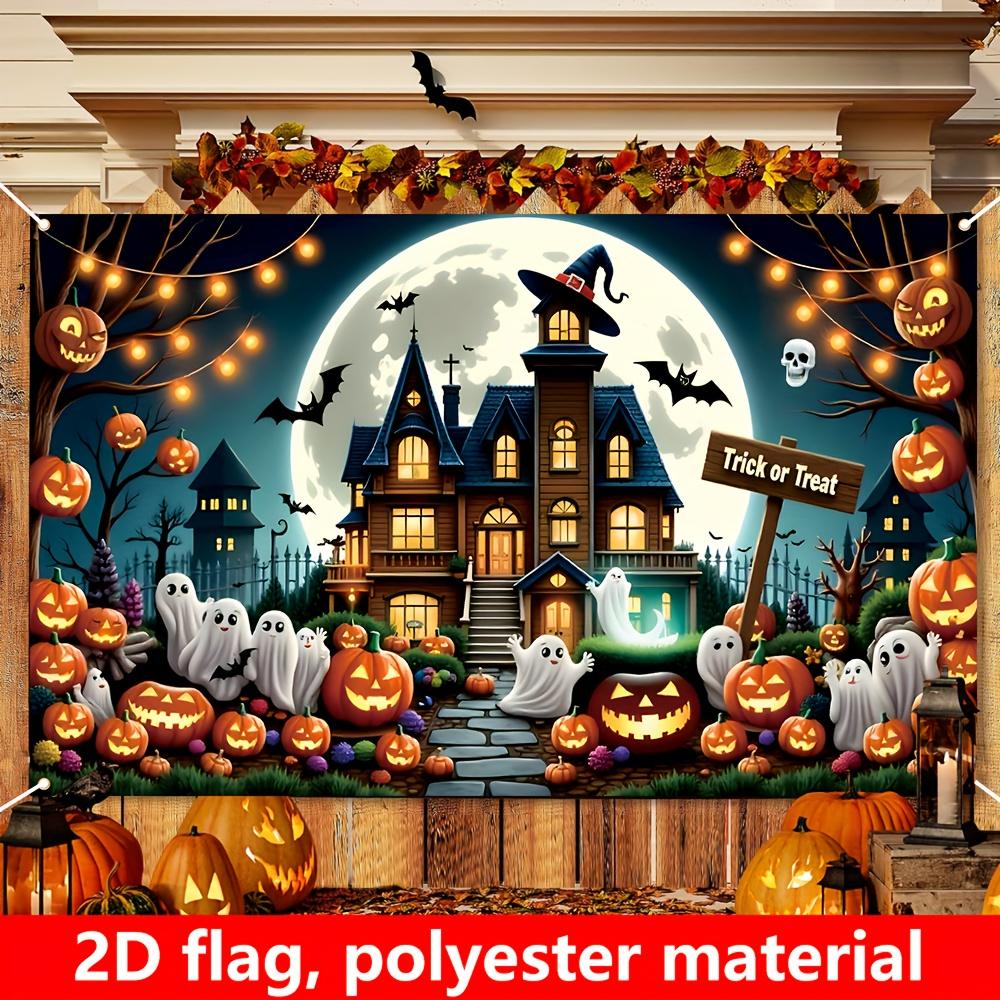 2D Halloween decoration banner featuring pumpkin heads and ghost designs is perfect for parties and photography.