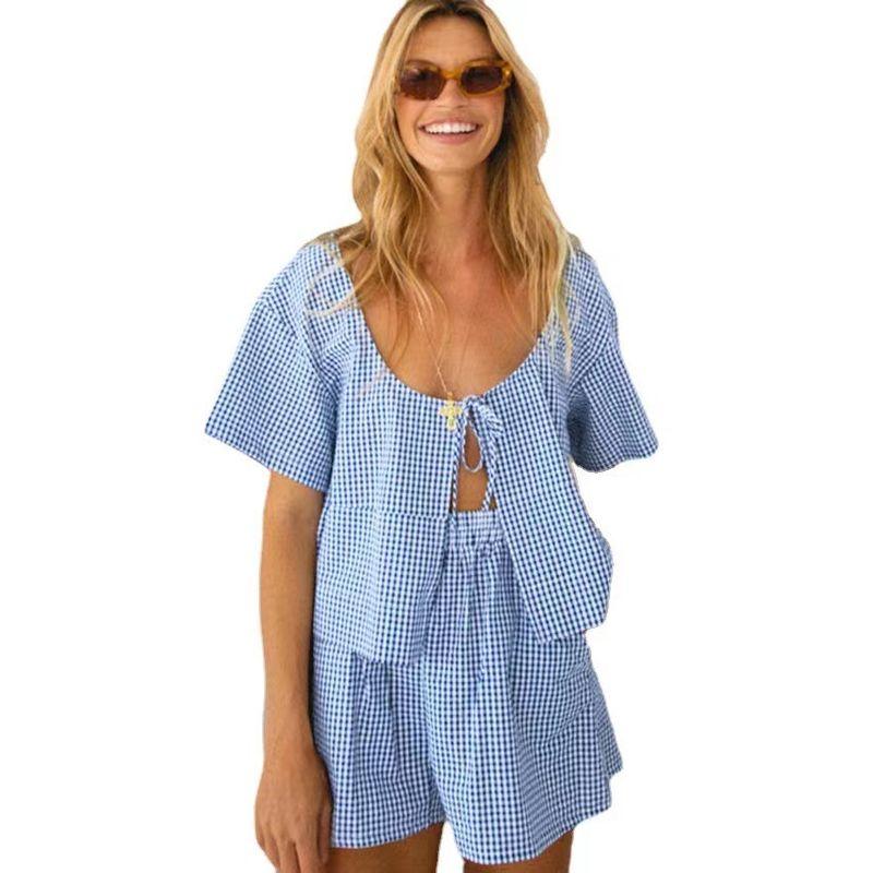 Fashion Wind Bandage Loose Tops Shorts Suit Homewear Checked Top and Shorts Set