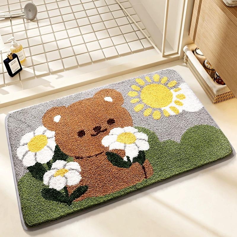 Cute Bear Bath Mat, High-Density Flocked Microfiber Rug with Super Absorption & TPR Non-Slip Backing, Quick-Dry Bathroom Decor
