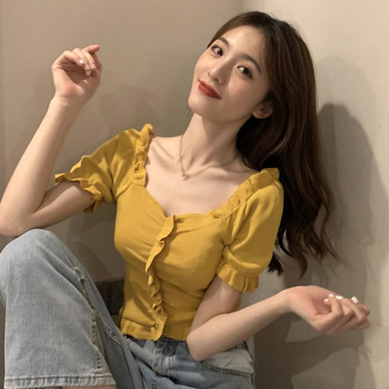Women Solid Color Short Sleeved V Neck Slim Knitted Tops Summer Basic Wild Wind Tops