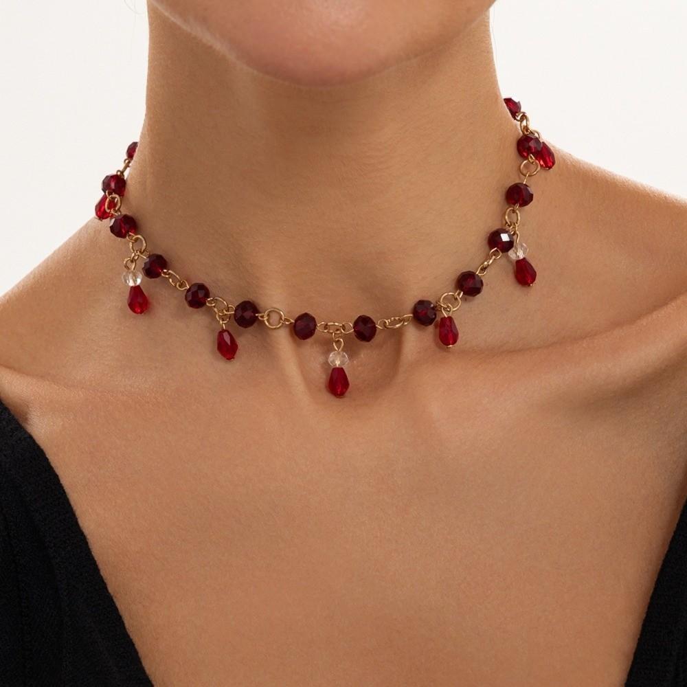 Red Crystal Bead Chain Tassel Drop Crystal Collar New Party Jewelry Night Event