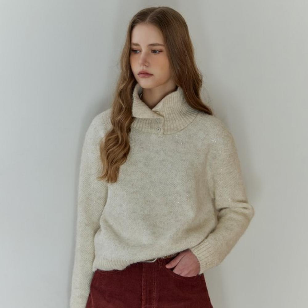Maxza Sequin Mix Button High Neck Knit