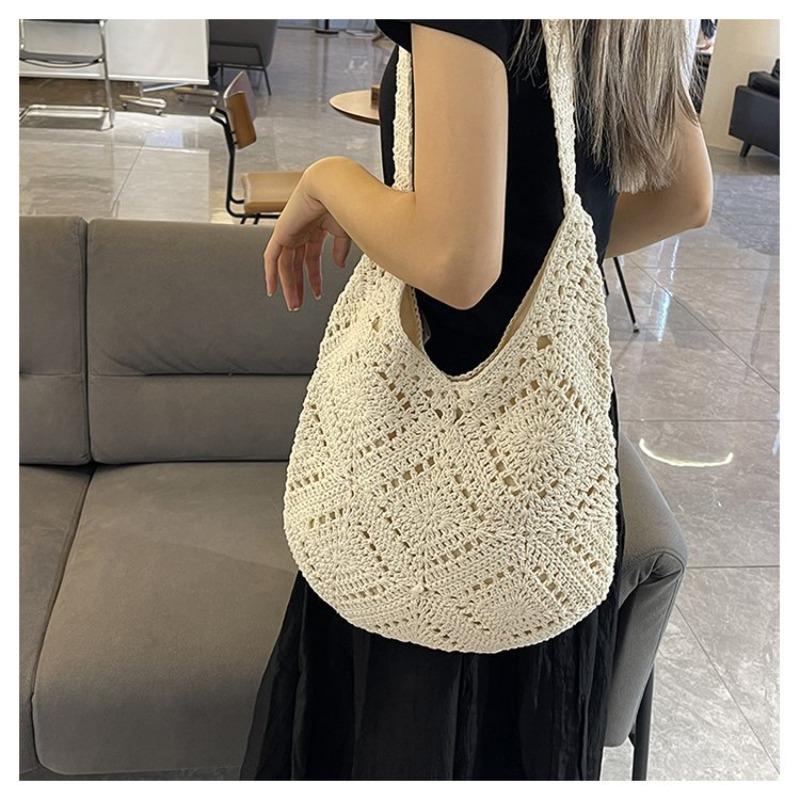 Shoulder Cotton Thread Straw Bag Women's Handwoven Bag Large Capacity Portable Tote Bag Vacation Beach Bag
