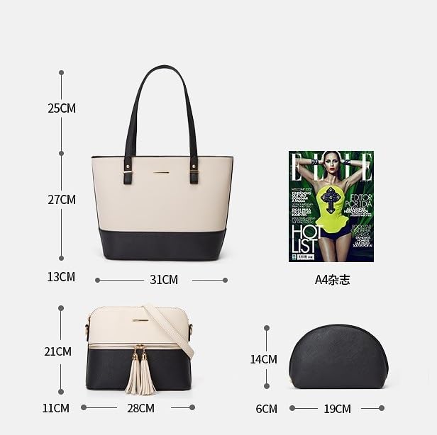 Damska Torba Tote Petit-Germe, Torba na Ramię, Torba do Pracy, Rozmiar A4, Duża Pojemność, Zestaw 3-częściowy (BiałyBrązowy)