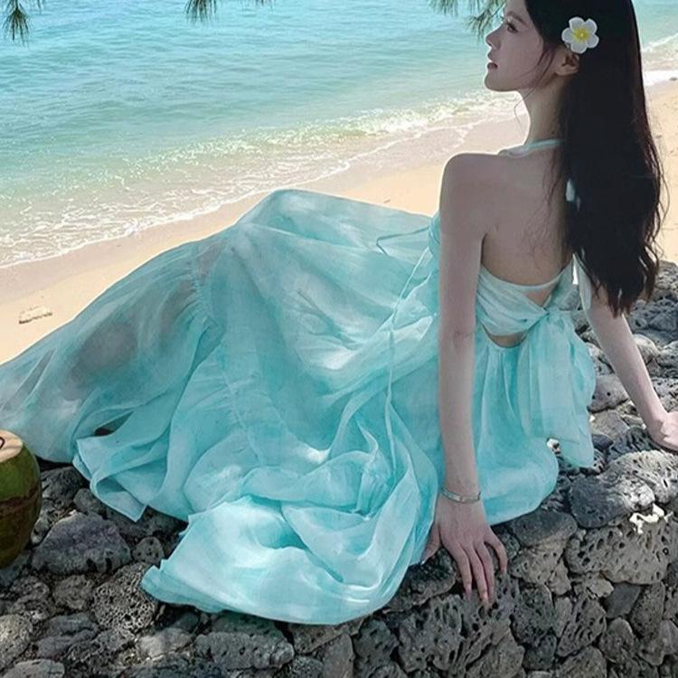 Mint Mambo Seaside Resort Atmosphere Beach Dress Design Sense Neck Dress Fairy Temperament Swing Skirt