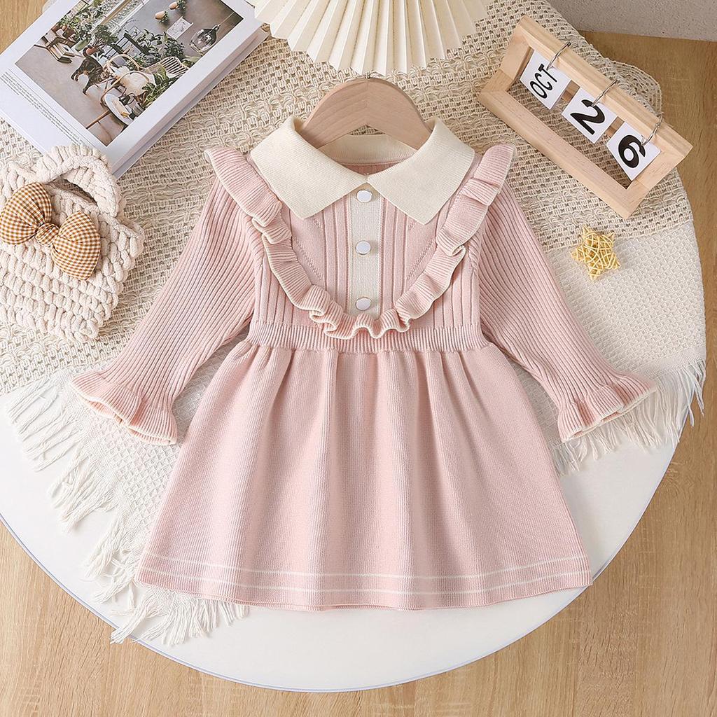 Children's Long Sleeve Knitted Princess Dress with Turn-Down Collar for Spring and Autumn