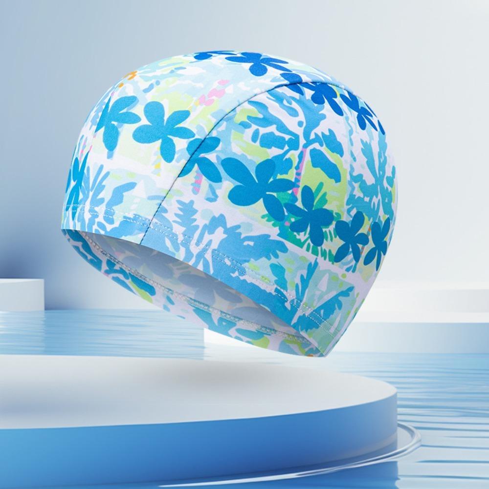 Cartoon Print Swimming Hat Polyester Kids Swim Cap Comfortable Swim Cap Pool Ocean Blue