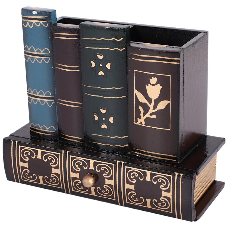 A72U Multifunction Retro Wooden Pen Holder Book Shape Wood Craft Home Decor Pencil Desktop Storage Box Drawers Stationery Holder