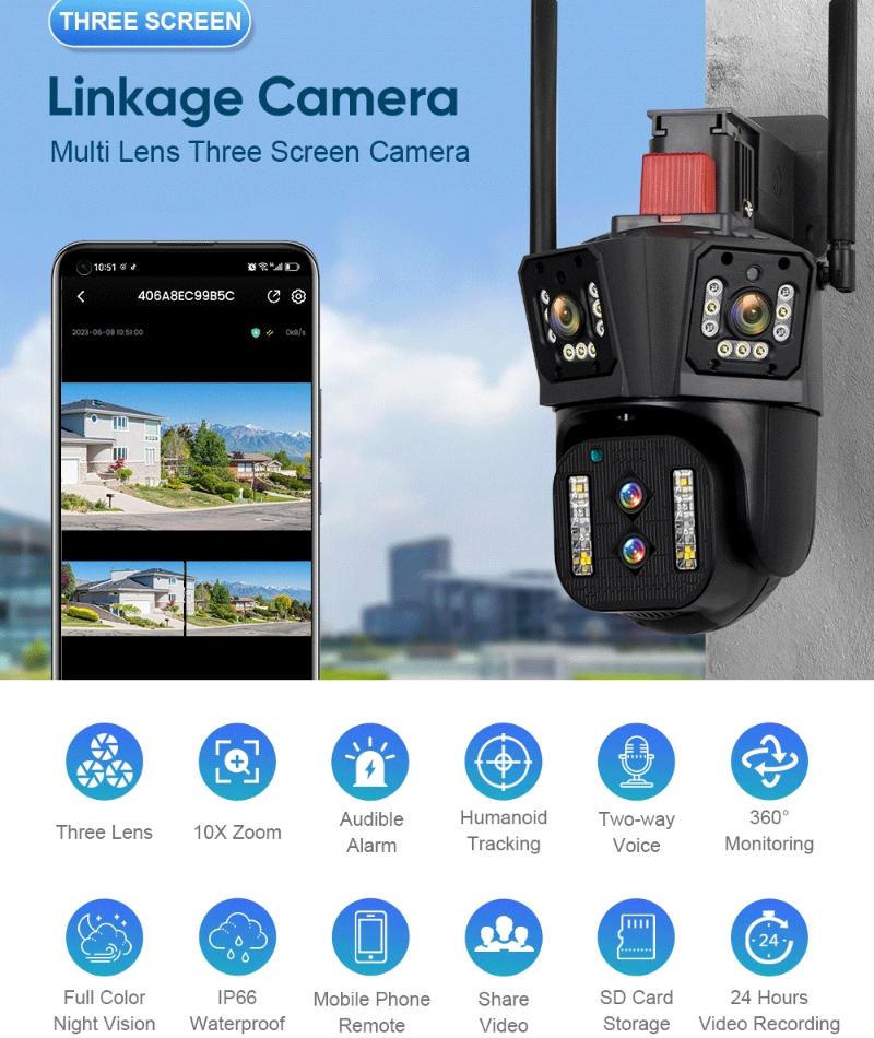 Outdoor WIFI IP Kamera 16MP 8K HD 10X Optischer Zoom Automatische Tracking PTZ Vier Objektiv Drei Bildschirm Wasserdichte Überwachungskamera CCTV