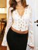 Elegant Leopard Print Lace Patchwork Low-Cut Top with Flared Sleeves
